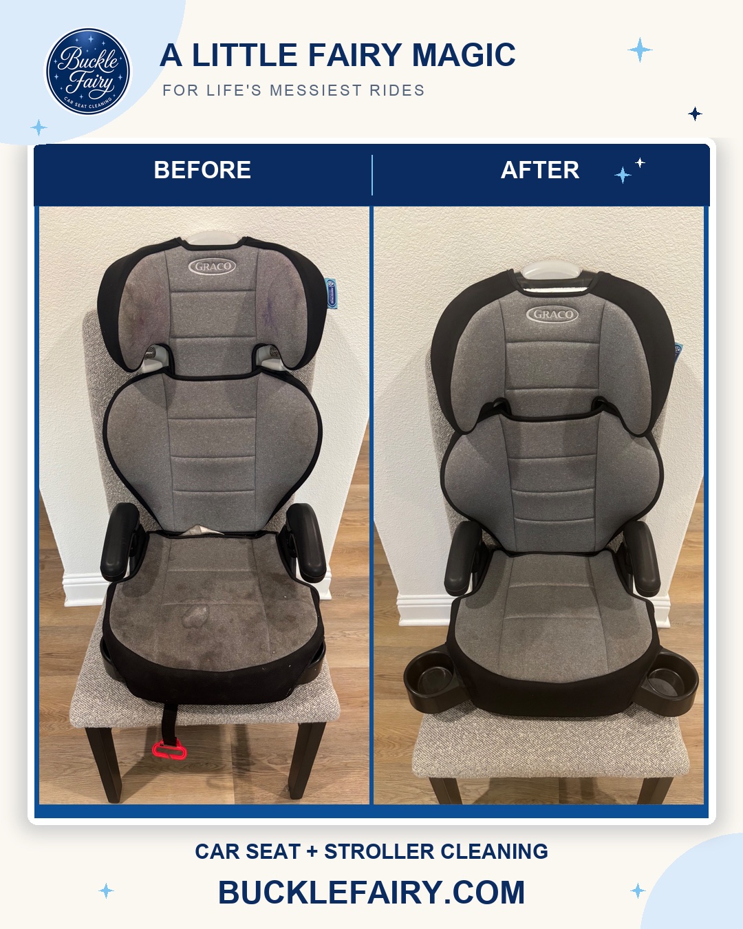 Graco TurboBooster highback booster before and after Buckle Fairy cleaning