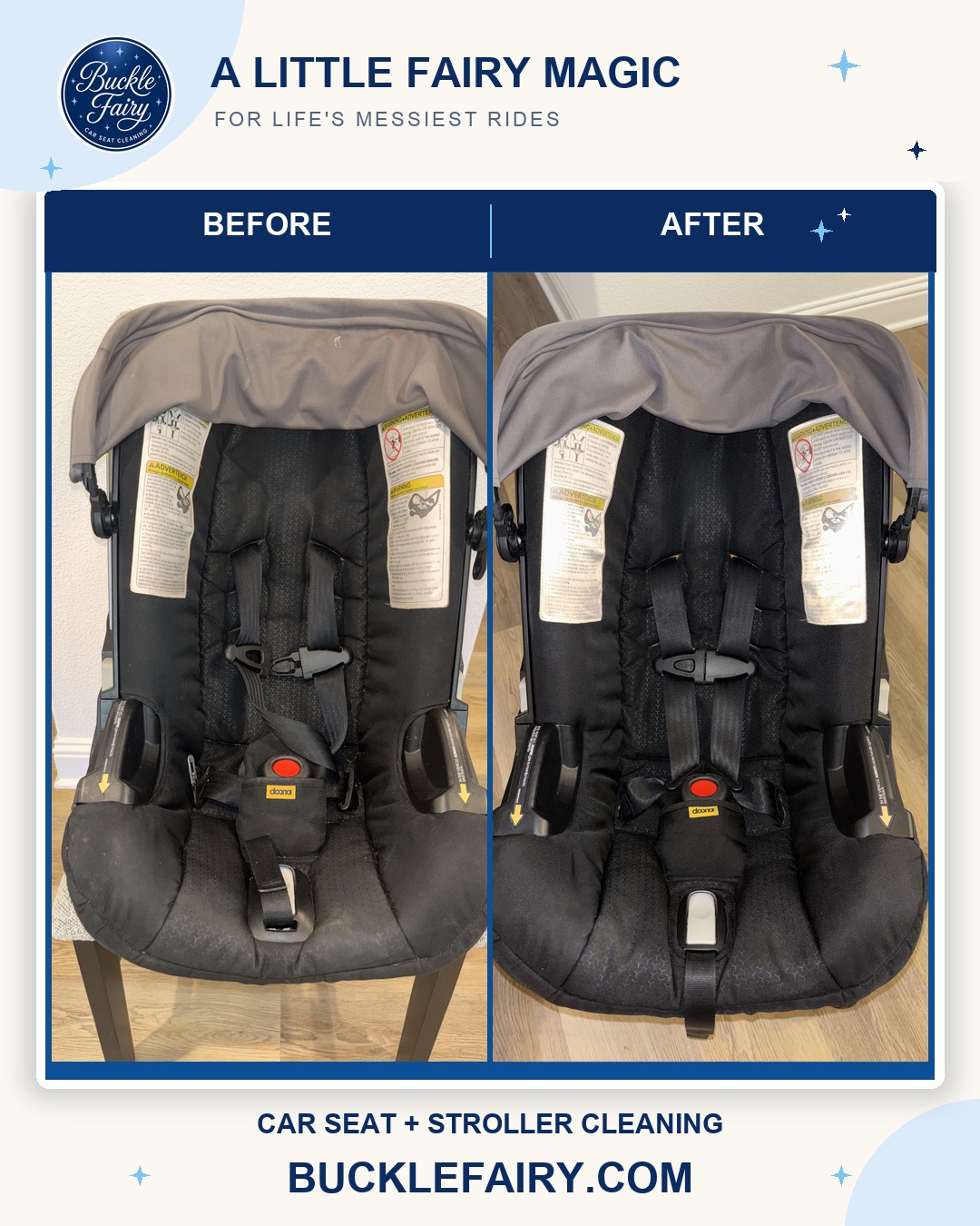 Doona stroller before and after Buckle Fairy cleaning