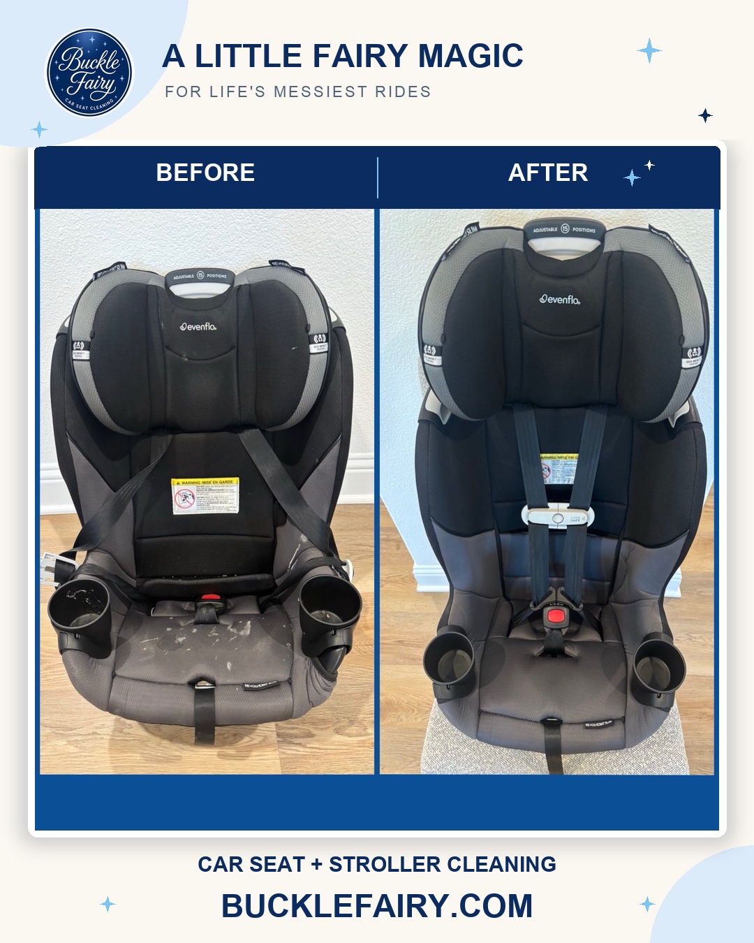 Evenflo Revolve360 Slim car seat before and after Buckle Fairy cleaning