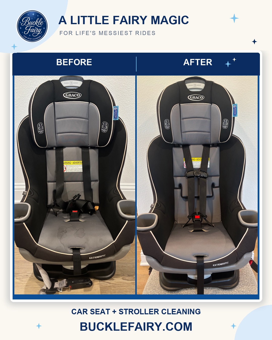 Graco Extend2Fit car seat before and after Buckle Fairy cleaning